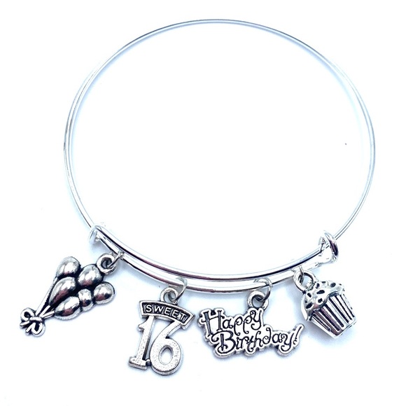 Sweet 16 Birthday Bracelet Silver Tone Bangle Balloon Cupcake Charms - Picture 3 of 3